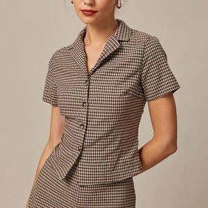 Rihoas Brown Lapel Plaid Short Sleeve Blouse